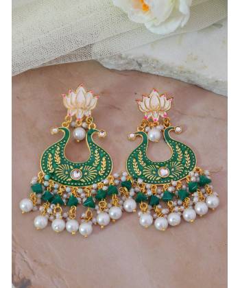 Crunchy Fashion Gold-plated Green Lotus Kundan Drop & Dangler Earrings RAE2187