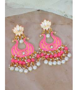 Crunchy Fashion Gold-plated Pink Lotus Kundan Drop & Dangler Earrings RAE2188
