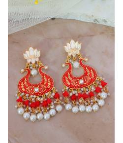 Crunchy Fashion Gold-plated Red Lotus Kundan Drop & Dangler Earrings RAE2189