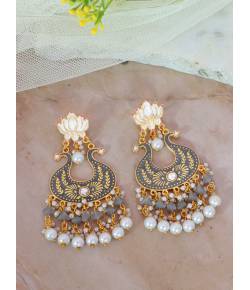 Crunchy Fashion Gold-plated Grey Lotus Kundan Drop & Dangler Earrings RAE2190
