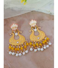 Crunchy Fashion Gold-plated Yellow  Lotus Kundan Drop & Dangler Earrings