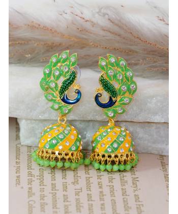 Crunchy Fashion Stone Studded Green & Yellow Peacock Jhumki Earrings RAE13192
