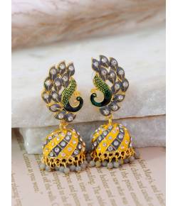 Crunchy Fashion Stone Studded Grey & Yellow Peacock Jhumki Earrings RAE13193