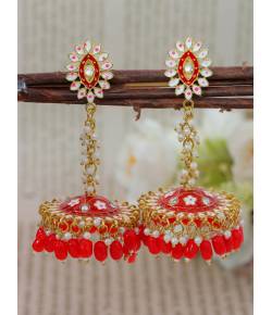 Crunchy Fashion Clustered Beads & Meenakari Red Embellished Jhumki Earring RAE13198