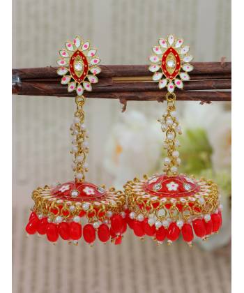 Crunchy Fashion Clustered Beads & Meenakari Red Embellished Jhumki Earring RAE13198