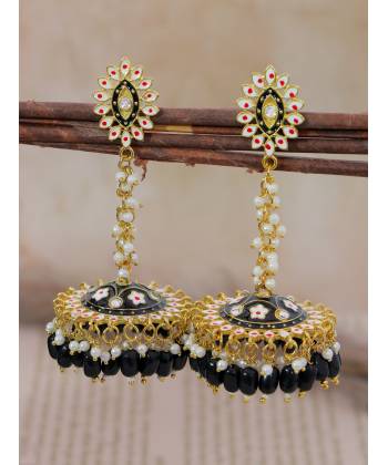 Crunchy Fashion Clustered Beads & Meenakari Black Embellished Jhumki Earring RAE13200