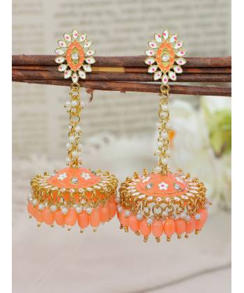 Crunchy Fashion Clustered Beads & Meenakari Peach Embellished Jhumki Earring RAE13204