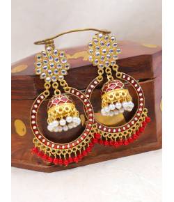 Gold-Plated Kundan Dangler Royal Red Color ChandBali Jhumka Earrings RAE1467