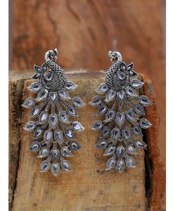 Oxidized German Silver Traditional Peacock Dangler Design Earrings RAE1483