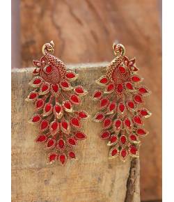 Oxidized Gold-plated Traditional Peacock  Royal Red Dangler Design Earrings RAE1490