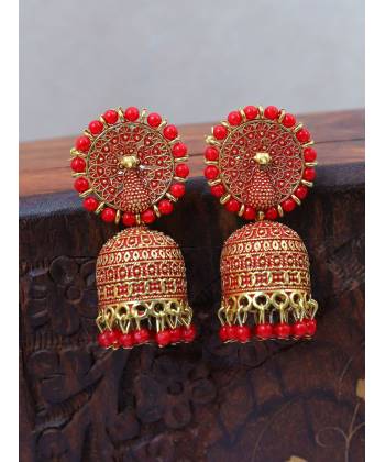 Gold-plated Enamelled Royal   Red Peacock Earrings RAE1499
