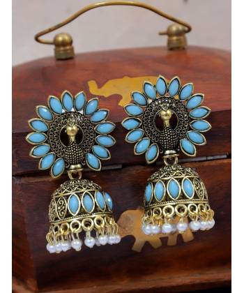Gold-PLated Ethnic Crown Design Peacock Shape Jhumka Earrings RAE1517
