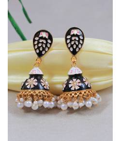 Traditional Gold-Plated  Black Kundan, Jaipuri Meenakari Jhumka Earrings RAE1527