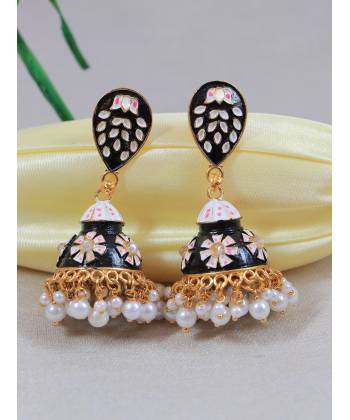 Traditional Gold-Plated  Black Kundan, Jaipuri Meenakari Jhumka Earrings RAE1527