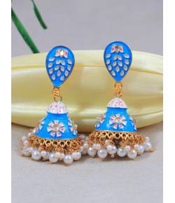 Traditional Gold-Plated  Blue  Kundan, Jaipur handpainted Meenakari Jhumka Earrings RAE1528