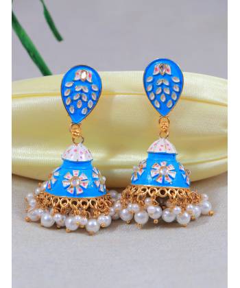 Traditional Gold-Plated  Blue  Kundan, Jaipur handpainted Meenakari Jhumka Earrings RAE1528