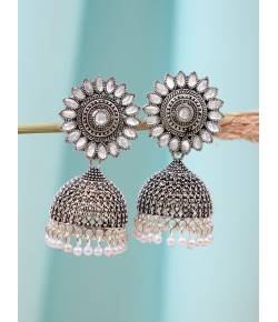 Traditional Silver-plated White Kundan Work Jhumka Earrings RAE1551