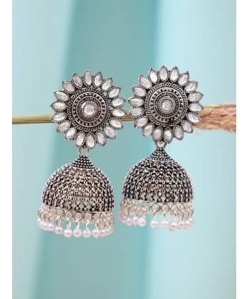 Traditional Silver-plated White Kundan Work Jhumka Earrings RAE1551