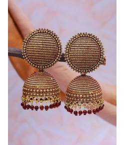 Gold-plated Maroon Round Check square  Design Jhumka Earrings RAE1557