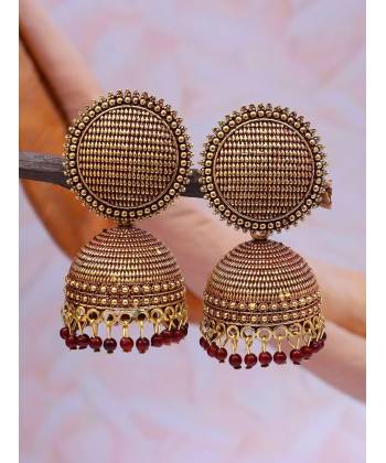 Gold-plated Maroon Round Check square  Design Jhumka Earrings RAE1557