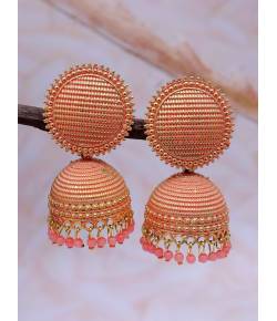 Gold-plated Peach Round Check square  Design Jhumka Earrings RAE1558