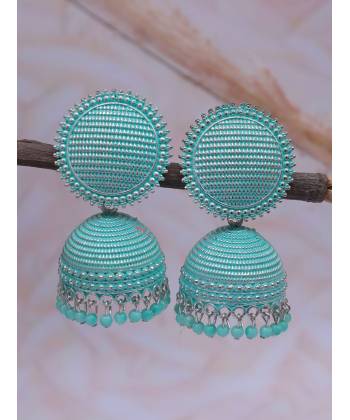 Oxidised German Silver Sky Blue Round Check square  Design Jhumka Earrings RAE1563