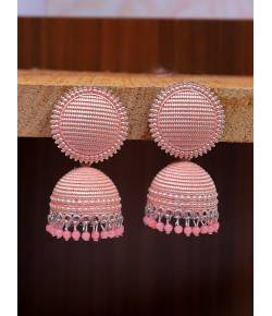 Oxidised German Silver  Pink Round Check square  Design Jhumka Earrings RAE1564