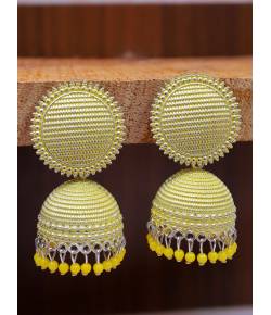 Silver -plated Yellow Round Check square  Design Jhumka Earrings RAE1565