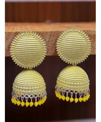 Silver -plated Yellow Round Check square  Design Jhumka Earrings RAE1565