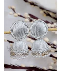 Crunchy Fashion Gold-Plated White Round Check Design Jhumka Earrings RAE1568
