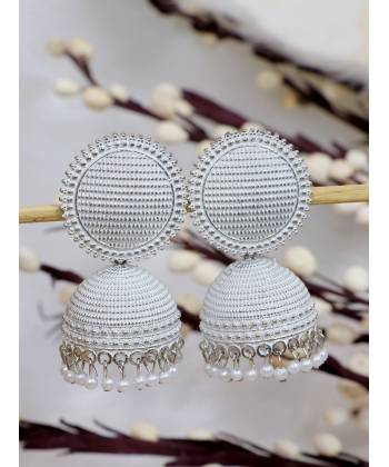 Crunchy Fashion Gold-Plated White Round Check Design Jhumka Earrings RAE1568