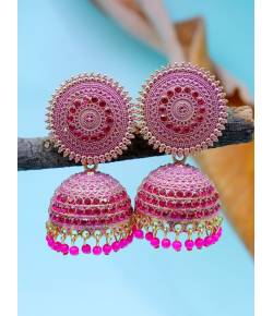 Oxidised Gold-Plated Handcrafted Royal Pink Stone Jhumka Earrings RAE1570