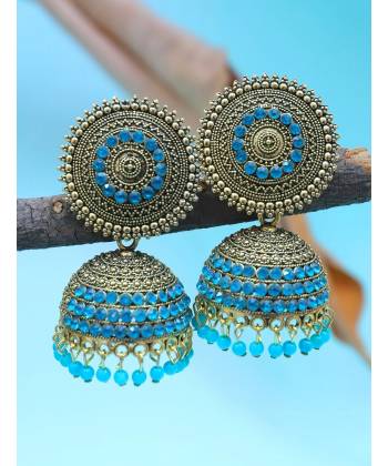 Oxidised Gold-Plated Handcrafted Sky-  Blue Stone Jhumka Earrings RAE1573