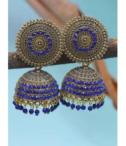 Oxidised Gold-Plated Handcrafted Blue Stone Jhumka Earrings RAE1574