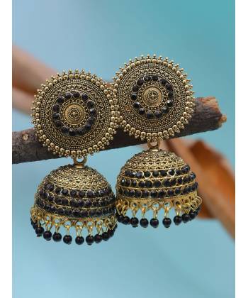 Oxidised Gold-Plated Black Stone Jhumka Earrings 