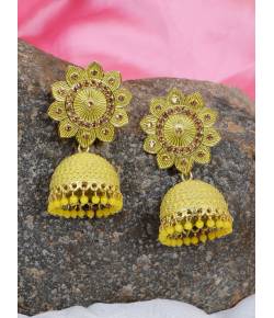 Gold-Plated Beautiful Round Floral Design With Blue Stone Work Jhumki Earrings RAE1589