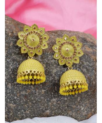 Gold-Plated Beautiful Round Floral Design With Blue Stone Work Jhumki Earrings RAE1589