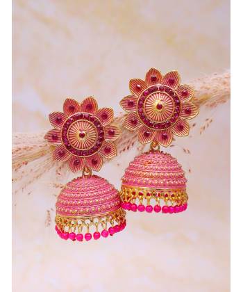 Floral Pink Pearl Meenakari & Kundan Work Jhumki Earrings RAE1590