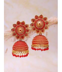 Floral Red Pearl Meenakari & Kundan Work Jhumki Earrings RAE1591