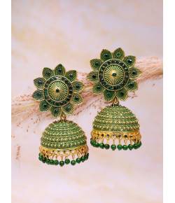 Beautiful Round Floral Design With Green Stone Work Jhumki Earrings RAE1593