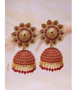 Gold-Plated Floral Maroon Stone Jhumai Earrings 
