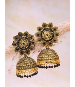 Beautiful Round Floral Design With Black Stone Work Jhumki Earrings RAE1595