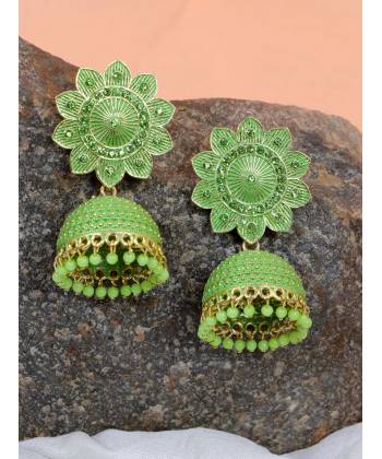 Gold-Plated Beautiful Round Floral Design With Green Stone Work Jhumki Earrings RAE1599