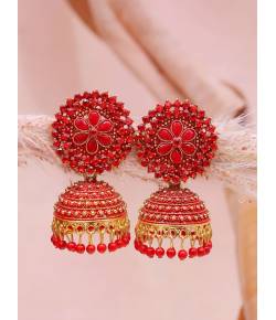 Gold-plated Red Kundan Design Jhumki Earrings RAE1602