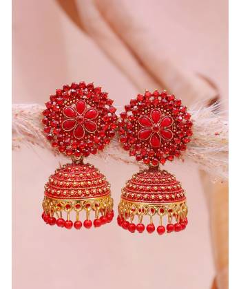 Gold-plated Red Kundan Design Jhumki Earrings RAE1602