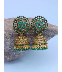 Gold-plated Dark- Green Kundan Design Jhumki Earrings RAE1610