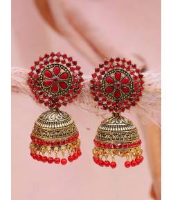 Gold-Plated Light Red Kundan & Pearl Jhumka Earrings RAE1612