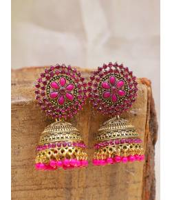 Gold-Plated Pink  Kundan & Pearl Jhumka Earrings RAE1613