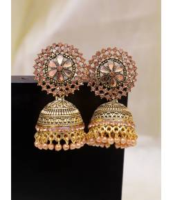 Gold-Plated Light Pink  Kundan & Pearl Jhumka Earrings RAE1614