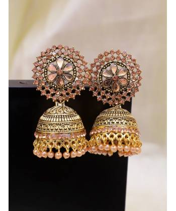 Gold-Plated Light Pink  Kundan & Pearl Jhumka Earrings RAE1614